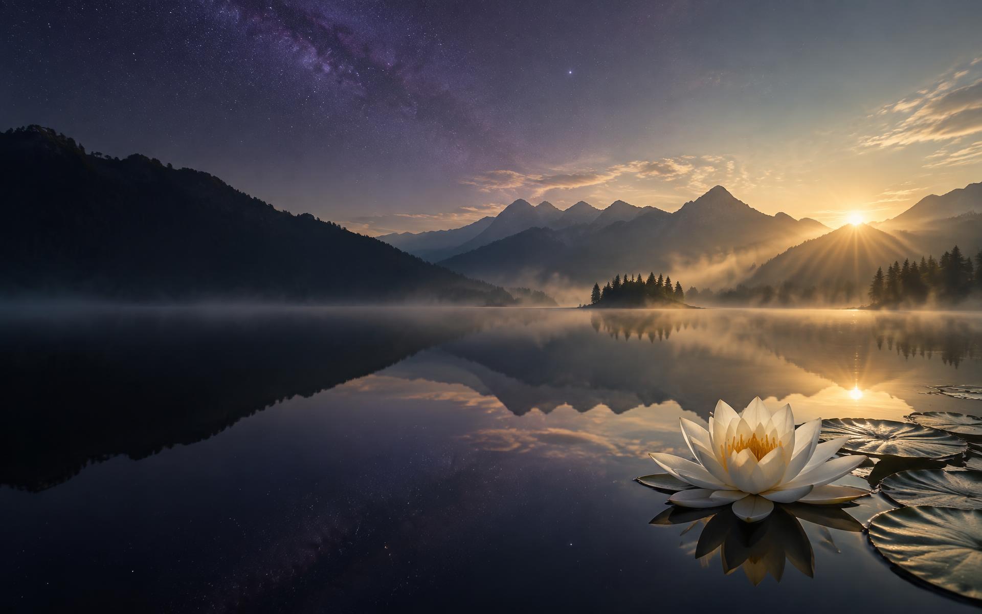 Lago sereno entre montanhas sob um céu estrelado