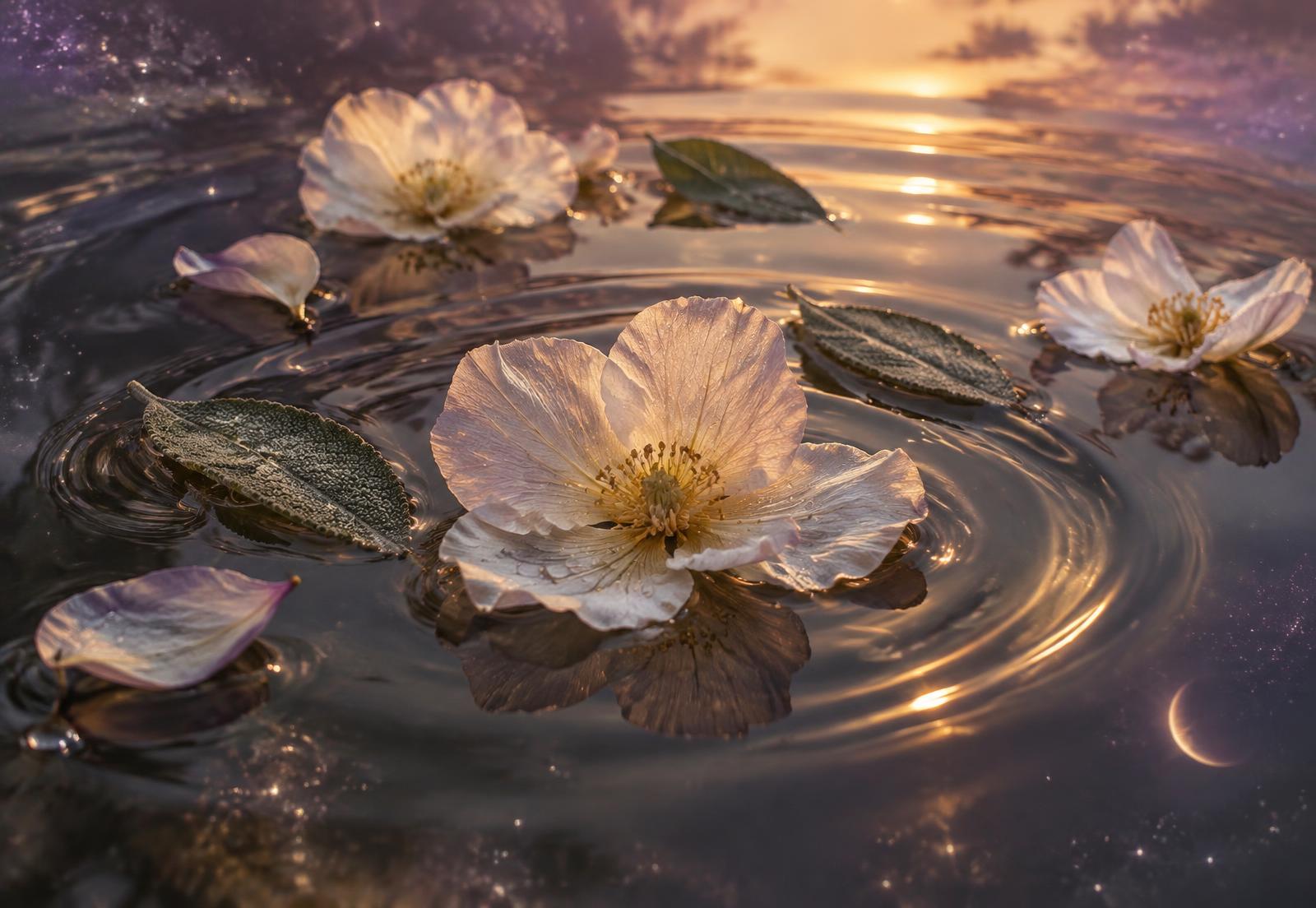 Flores sobre a água com reflexos de luz